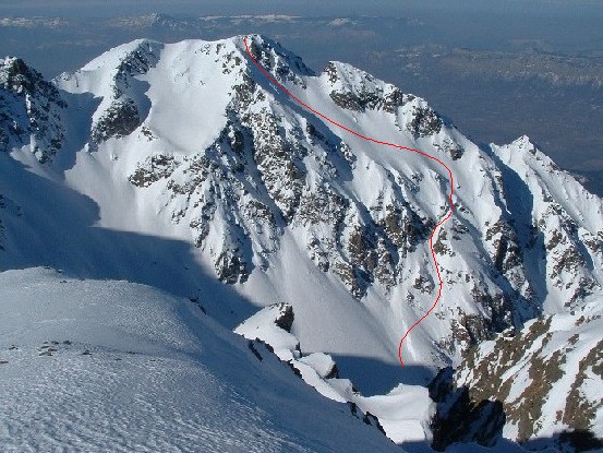 Replomb Face Nord : Photo de Tchouf (mars 2003), où le parcours est bien visible.