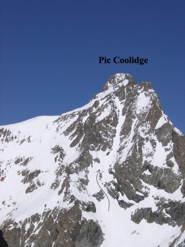 Pic Coolidge, couloir SE, photo de Louis Grenet prise du Col Est du Pelvoux le 18 mai 07