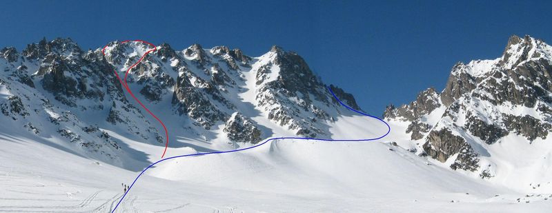 Au dessus du Val d'Arpette
Itinéraire en bleu de la montée vers le col des Ecandies puis Chamois
En rouge descente des couloirs
