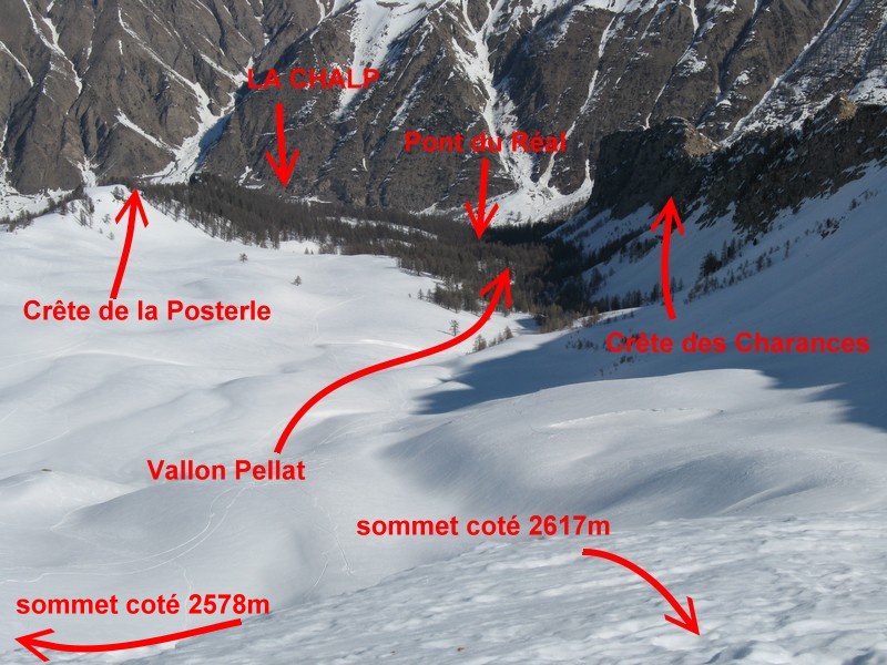 Vallon Pellat depuis sommet coté 2617m, le 15/03/2009