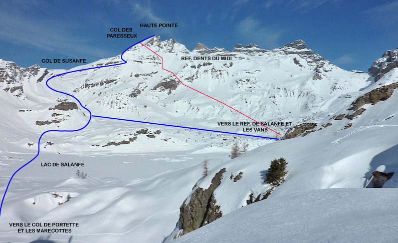 Tracés des itinéraires versant Est, en bleu les montées soit depuis les Marécottes par le col de Portette, soit par le vallon des Vans (2200 m de dénivelé dans cette option) En rouge la descente du sommet en passant par le passage du col des Paresseu