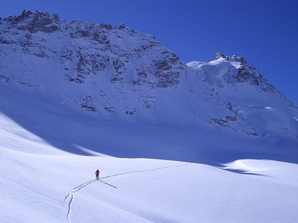 Descente tranquilel : La combe du glacier de Montandayné, facile, permet une descente sympathique dans un paysage grandiose.