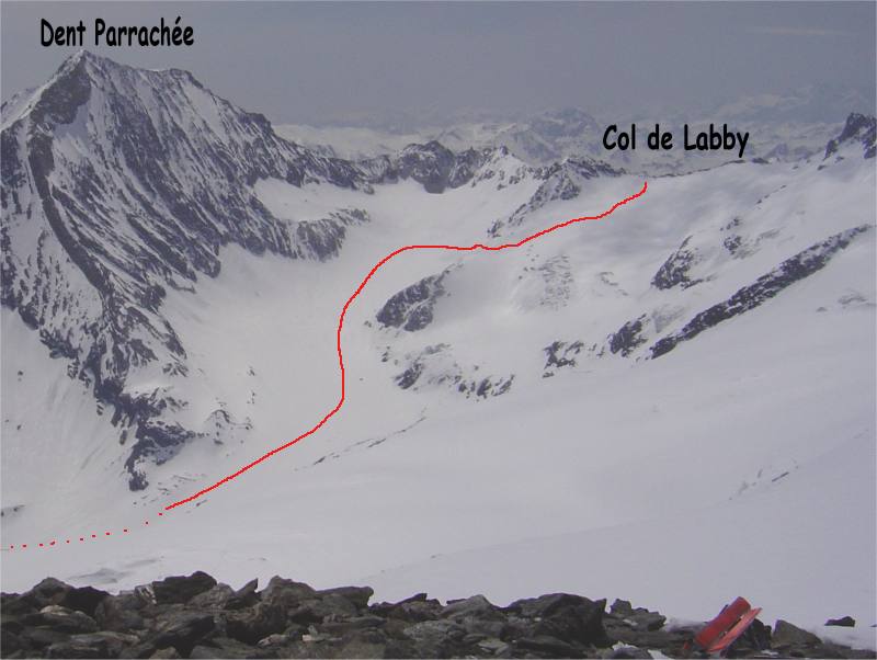 Col de Labby : Photo prise depuis le dôme de Chasseforêt
Itinéraire suivi pour atteindre le col de Labby en passant sous la dent Parrachée