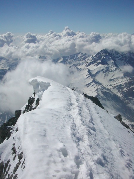 Arête sommitale Mont Dolent : Arête sommitale. Nuages sur la Suisse...