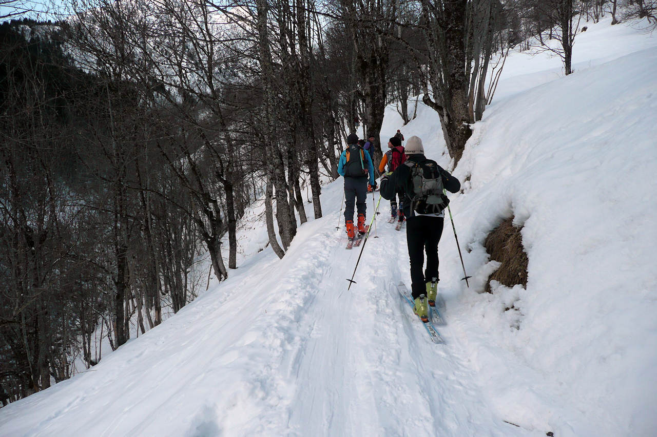 Sur le chemin du Tépey : L'arrière du peleton de skitouriens peu après le départ.