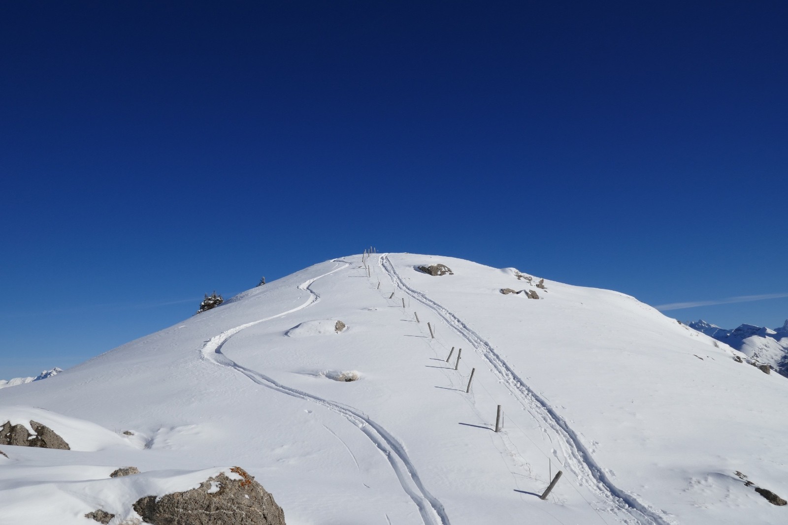 la trace arrive sur la crête. Il faut redescendre vers l'ouest pour le Col Ratti.