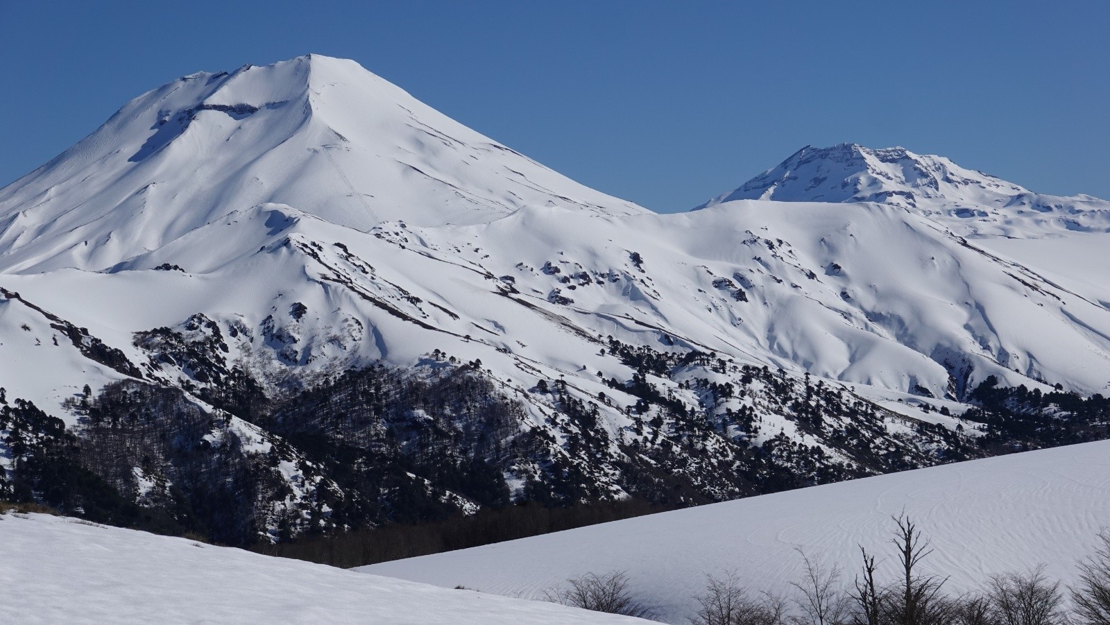 Les volcans Lonquimay et Tolhuca et le Cerro Cautin pris au téléobjectif