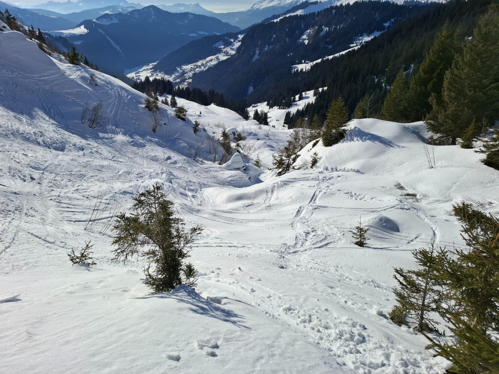 Neige changeante,  fine pellicule sur les endroits trop passés, neige  décaillée sur les bords et  joie au fond des petits  vallons , on arrive encore a trouver de la poudreuse 