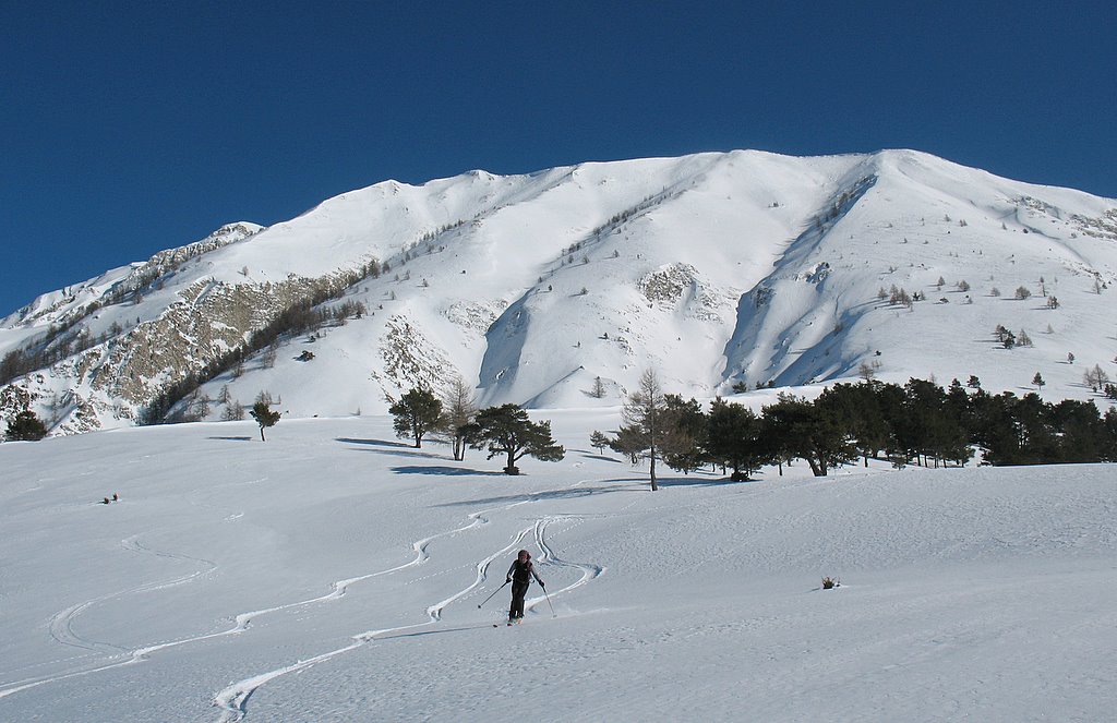 Au pied de la face : A droite, la croupe de montée, au centre, le couloir de descente.