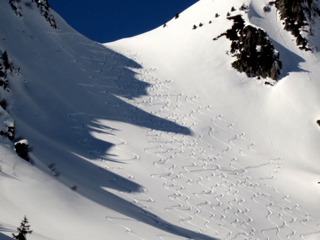 Col du Loup descente E : Descente sur le versant E du Col du Loup, tout en poudreuse paillette.