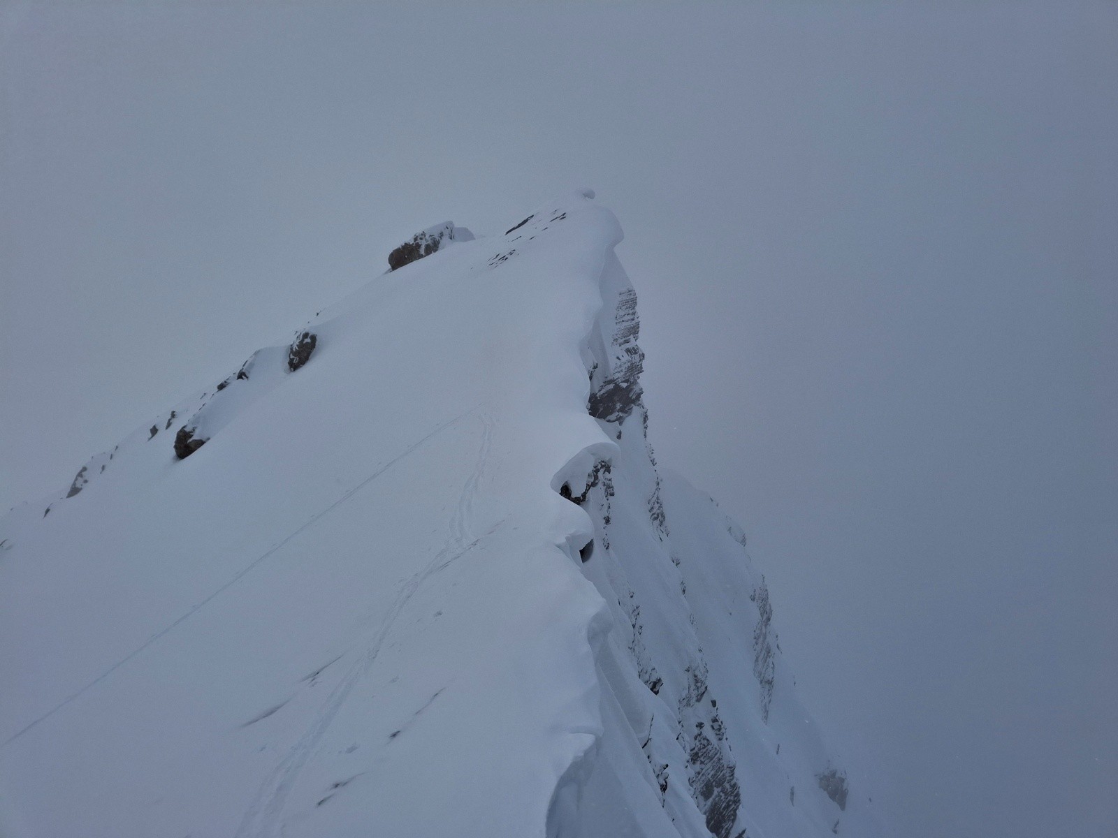 Demi tour sur la crête montant à la pointe des Estaris sous le brouillard qui revient 