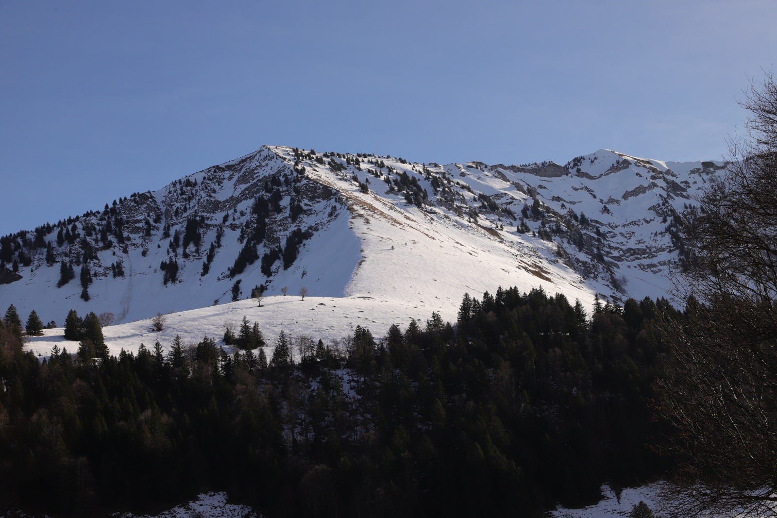 &nbsp;Juste en face, les pentes débonnaires de la Montagne de la Lanche
