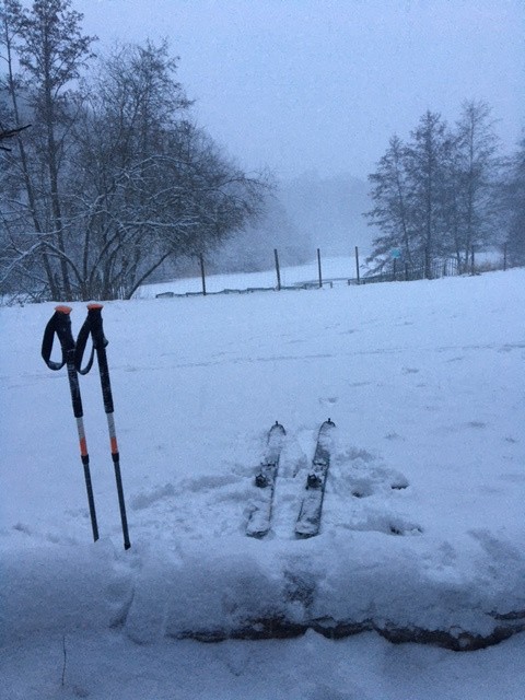 Après être descendu du parking, peaux installées, c'est parti pour le tour de l’Étang de la Garenne