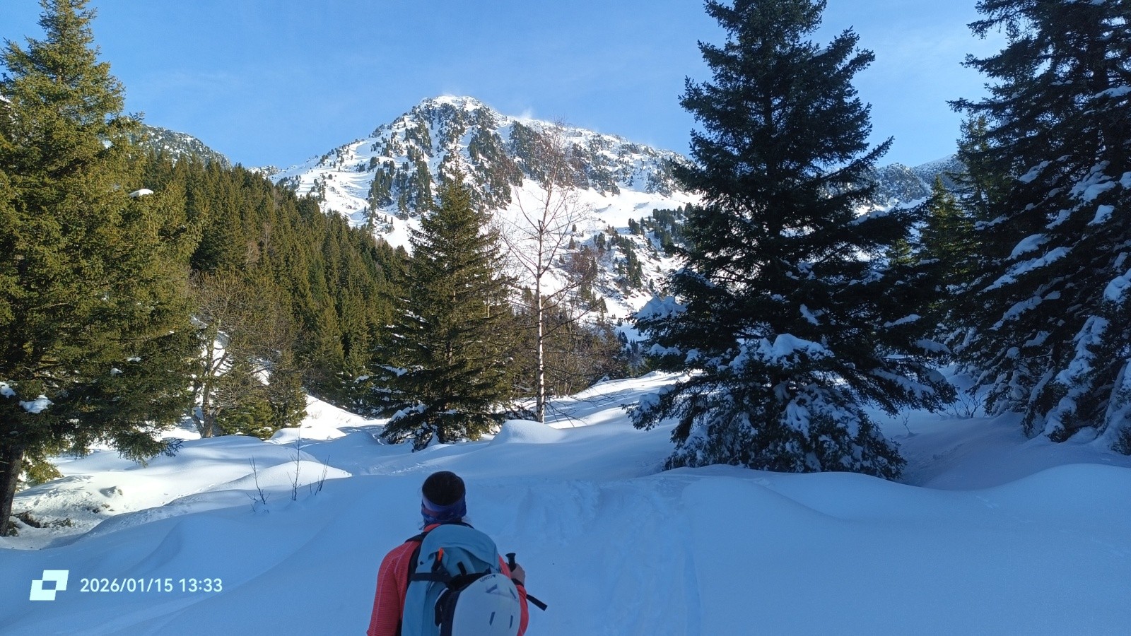 Sortie de la forêt, vue sur le Gargoton qui fume 