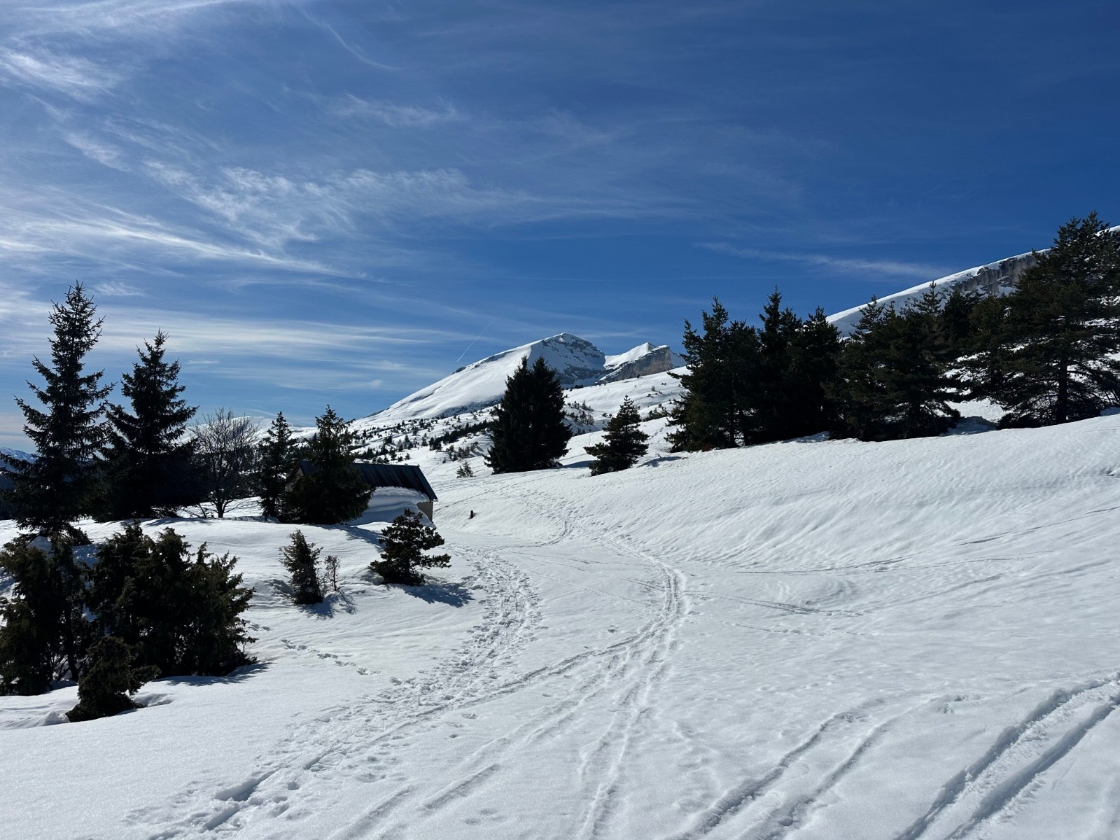 La cabane à 1536m. Au fond, le Rocher Rond.