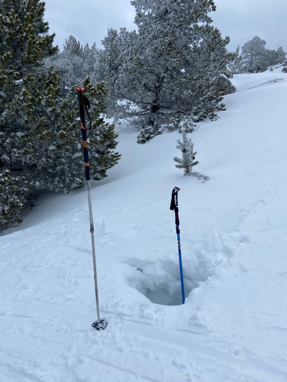 &nbsp;Un trou dans la neige me permet de mesurer l'épaisseur du manteau, que j'estime à 70cm environ (moitié de mon bâton de 140)