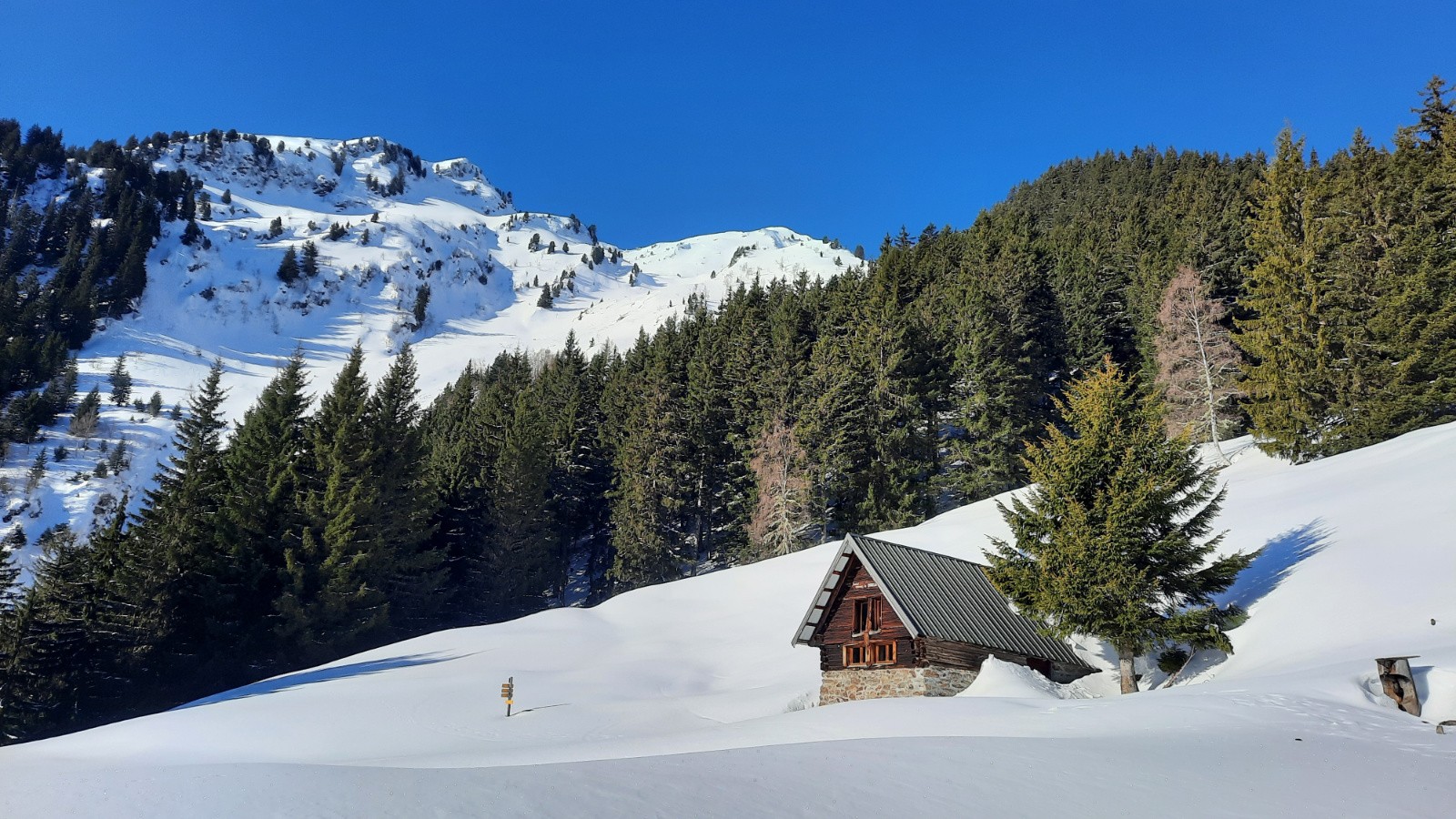 chalet de la Cense avec sa fontaine dont l'eau précieuse coule à peine moins doucement qu'en été
