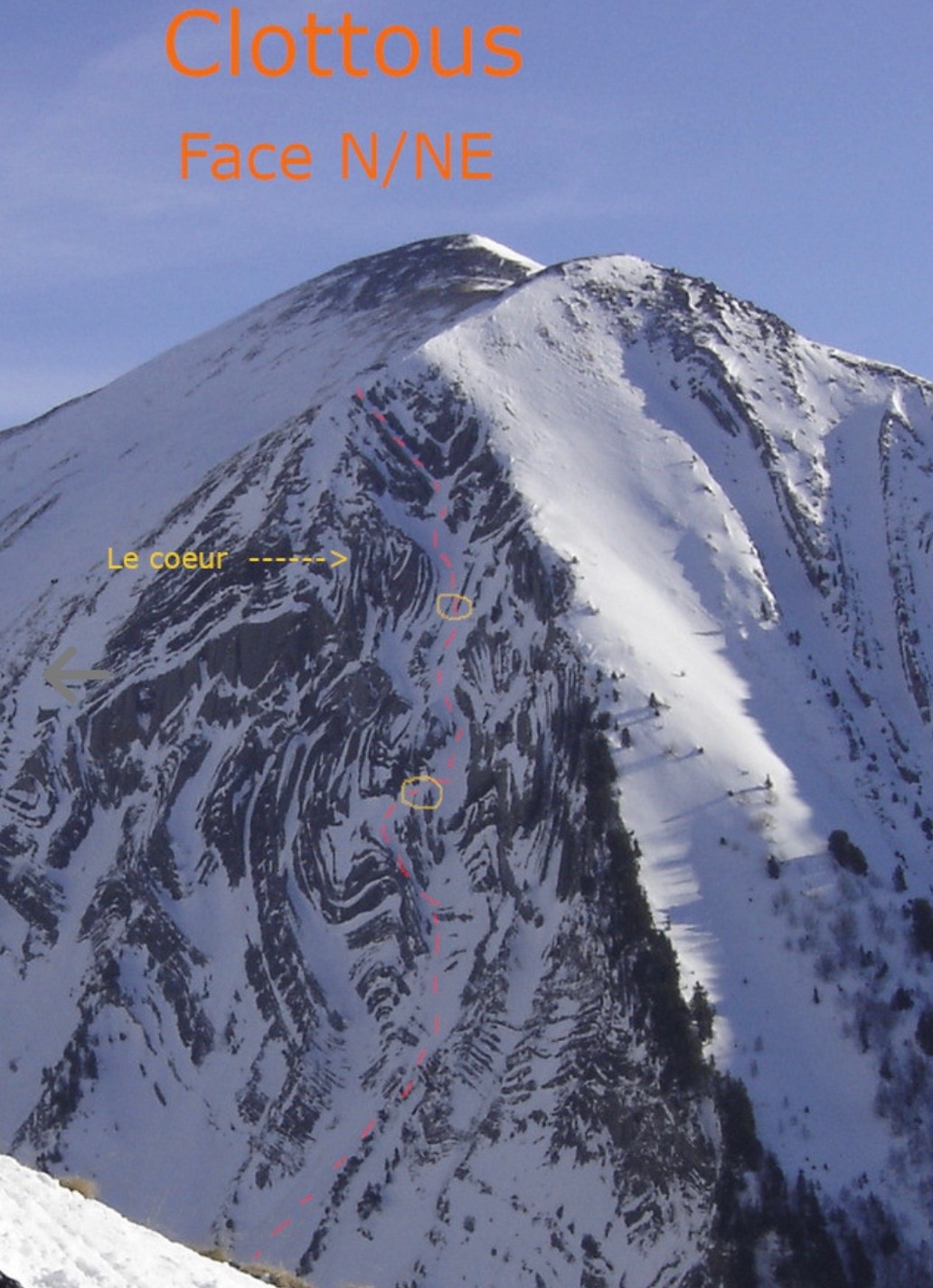 &nbsp;Photo par TC sur le topo C2C, en jaune les passages délicats par faible enneigement.