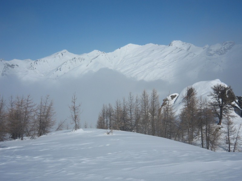 Vers le Nord : Cime Sebolet au centre (grande pente blanche de 1000 m de déniv), on reconnaît aussi le Maniglia et le Faraut.