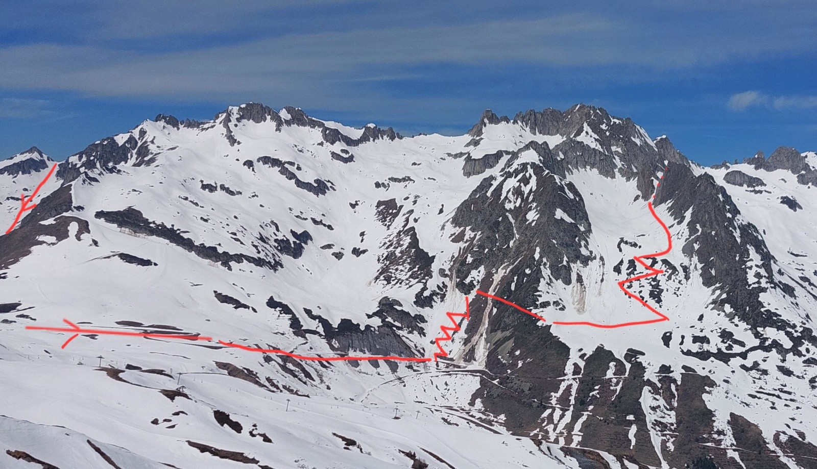 Notre course en rouge sur le versant sud (combe de l'entre 2 roches et col clement) et retour par le col de Sarvatan