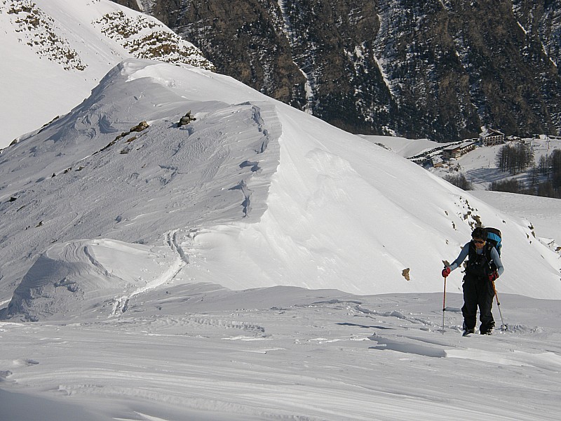 Arête sommitale : L'arête en neige dure facilite l'accès au sommet,avant la poudre de la face N.
Dos à la station.