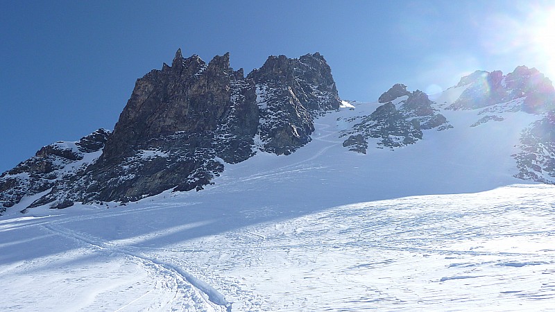 Rimpfischhorn : Petit couloir avant l'arête rocheuse