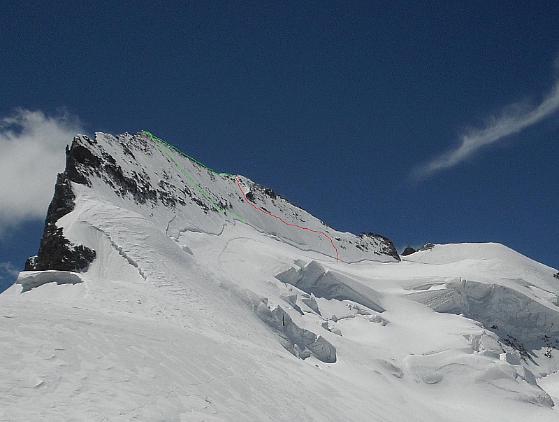 Barre des Ecrins : Itinéraire de monté en vert et descente en rouge