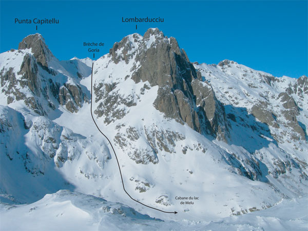 Couloir de Goria-Capitello : Le couloir de descente qui part de la brèche de Goria