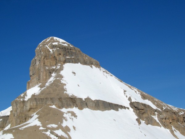 Pente sommitale : Le pente en 4.1 qui mène au passage rocheux en Isup qui mène au sommet (le petit point noir au milieu est un skieur...)