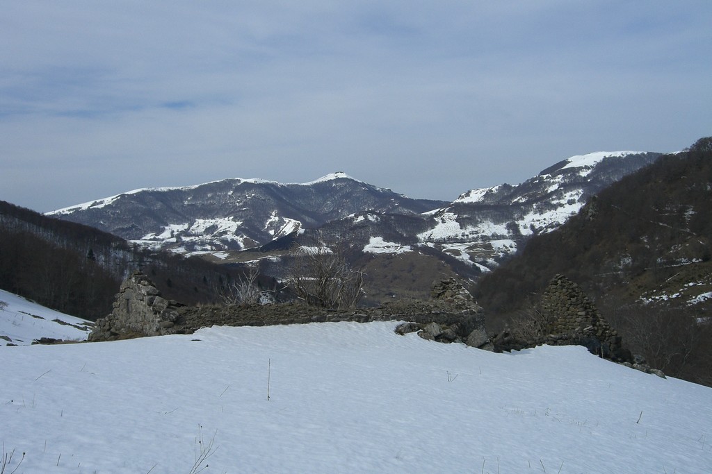 Buron en ruine : En arrière plan l'Elancèze et le Col du Pertus