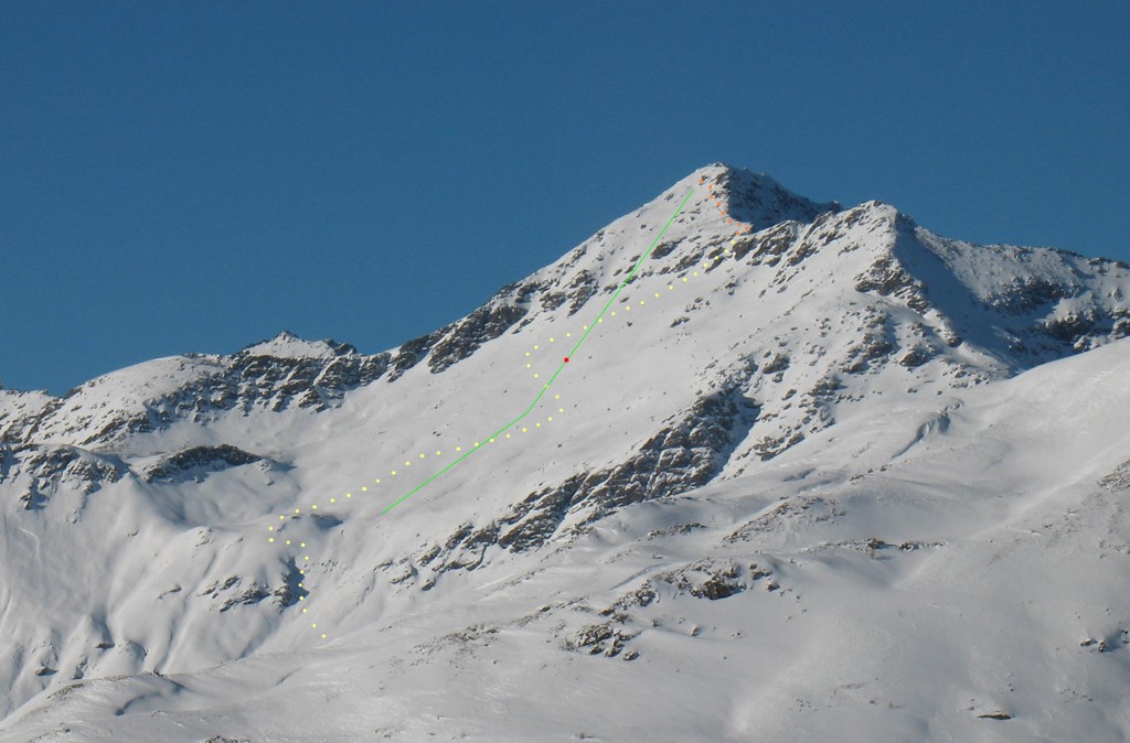 Bric Froid : En jaune, l'itinéraire de montée. 
En vert, l'avalanche. 
En rouge, l'endroit où s'est arrêté Martin.