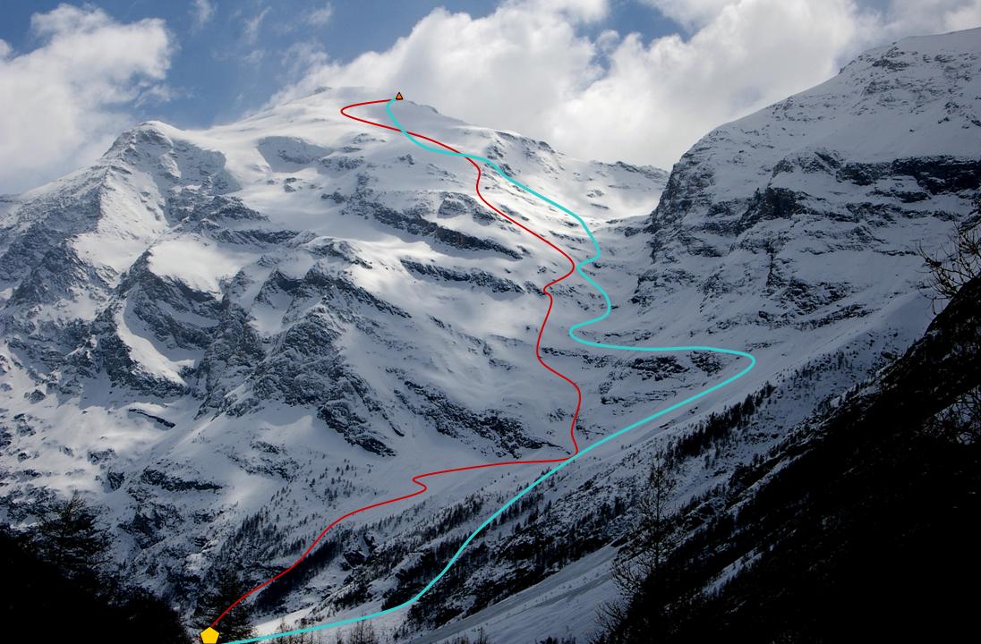 D+/D- du jour (photo17/04) : Notre itinéraire D+ (Rouge) et D- (Bleu)... comprenant les adaptations liées à la météo, et à l'état de la neige... notamment le fort réchauffement de milieu de matinée, fragilisant le manteau des grandes banquettes infér