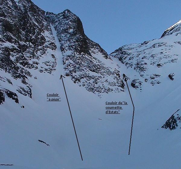 Couloirs étangs d'Estats : A l'arrivée du goulet le couloir de la coumette d'Estats au Sud et le couloir "A GéGé" au Sud-Est.