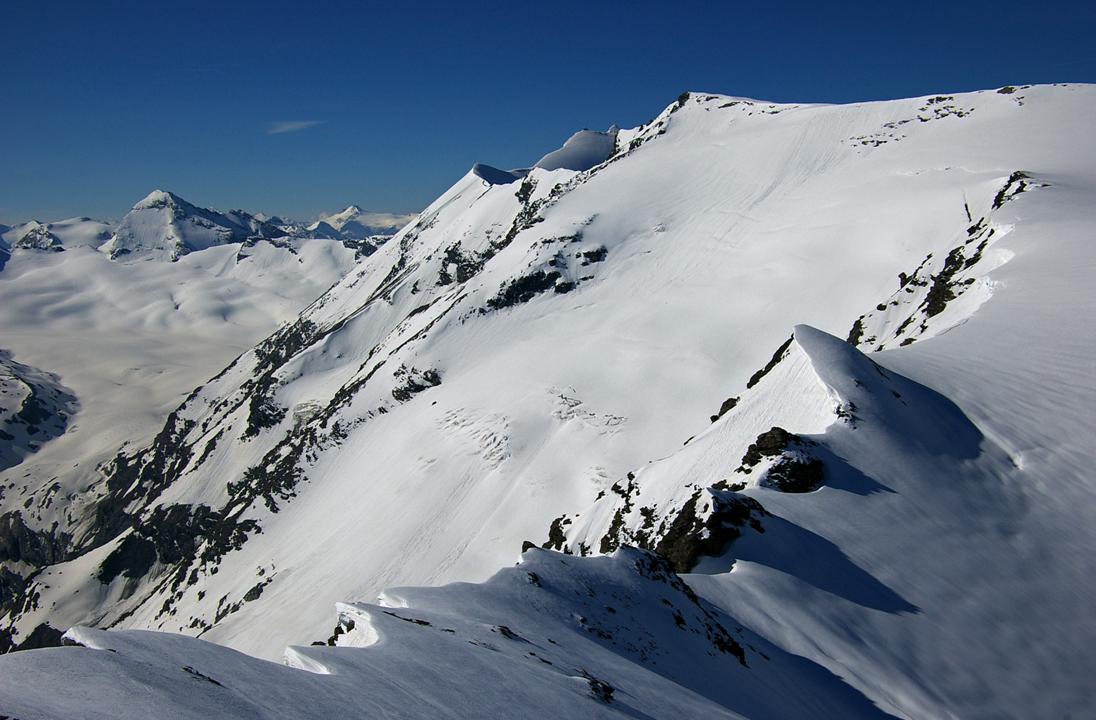 Depuis la Pointe des Mines : Inspection visuelle de la face italienne des Plates / Nant Cruet. Toujours la même ampleur... et les pots qui commencent à marquer la face.