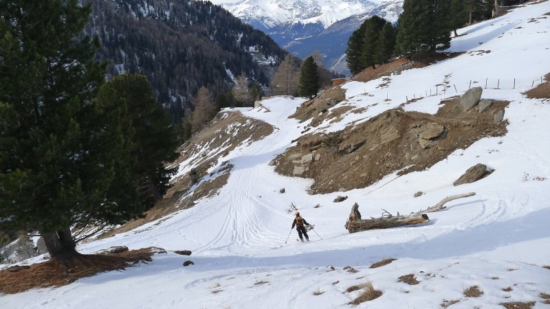 L'accès sur la route enneigée : bien long le matin mais ludique dès le pont et le petit chemin dans la forêt.
En revanche au retour c'est encore plus long ! Encore bien qu'il n'y a pas trop de zone pousse batons