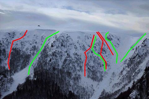 Face nord du hohneck : En vert les descentes

En rouge les montées