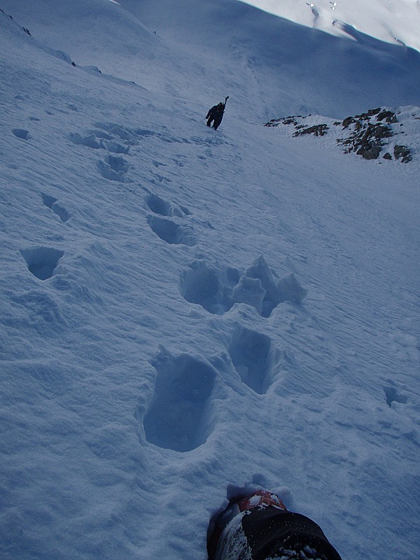 Début de la montée : çà s'enfonce juste ce qu'il faut. Nous n'avions pas de crampons ni de piolets, et nous n'en aurions pas eu l'utilité, la neige permet une montée sereine.