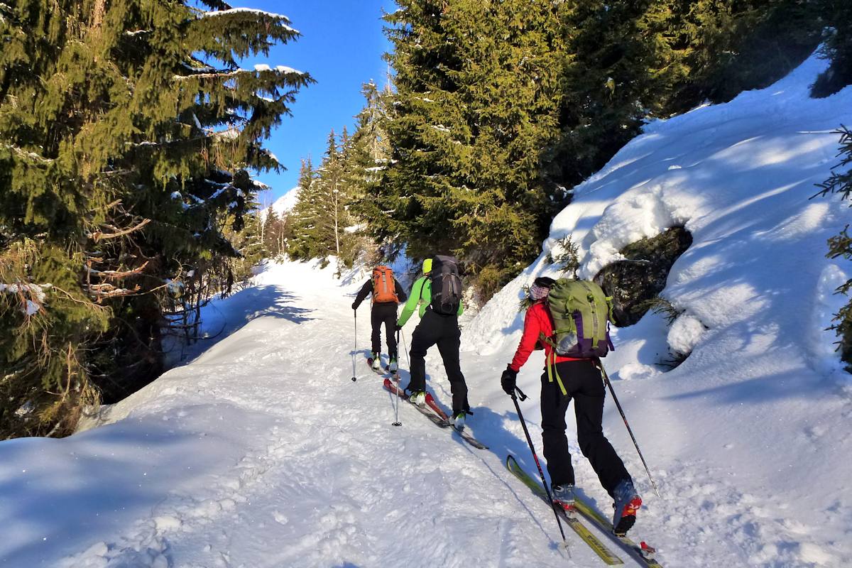 Combe des Reisses : Montée sur neige déjà bien dammée dimanche par nos amis annéciens.