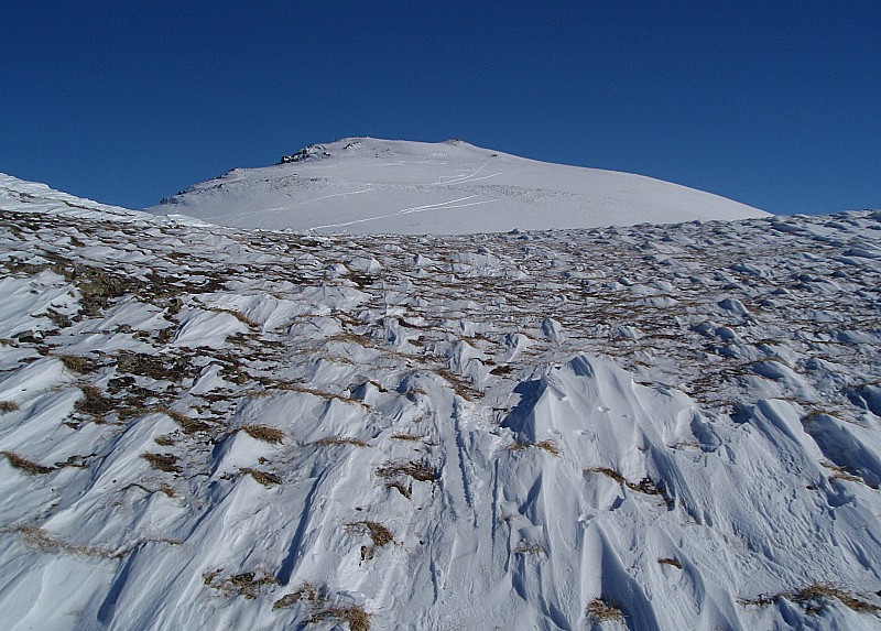 Fin de montée : Arrivée sur le plateau sommital. A noter: le travail du vent!