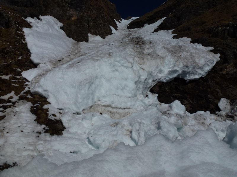 Couloir S du Père : La grosse rimaye du bas et le passage dans l'herbe