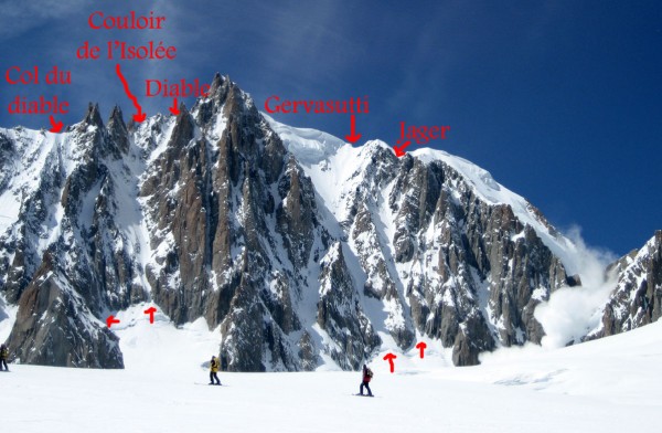 Pour Valentin : Les principaux couloirs de la face nord-est du Mont Blanc du Tacul. Au centre, le supercouloir (ce n'est pas du 5.x Valentin, mais c'est non skiable!)