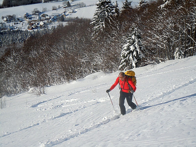 Sortie de la forêt : Partis en début d'après-midi, la trace est faite. Merci aux traceurs; bel effort!