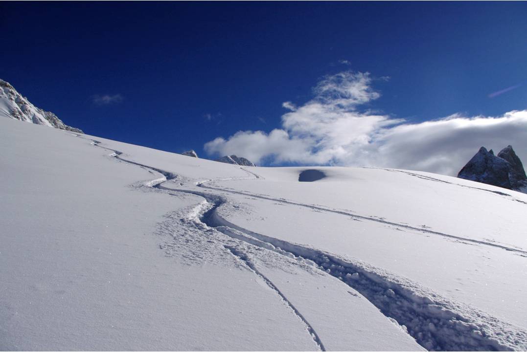 Dôme sommital : Ca commence par un ski large sur la croupe sommitale, neige fine déposée sans vent...