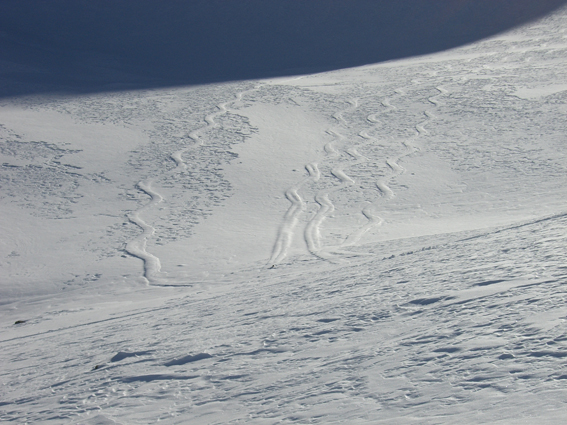 Trace en négatif : C'est la première fois que je vois des traces de descentes en relief. Je pense que les skieurs sont passés dans la poudre, l'ont tassé et le vent à ensuite soufflé la neige, laissant la partie dure. Une confirmation???