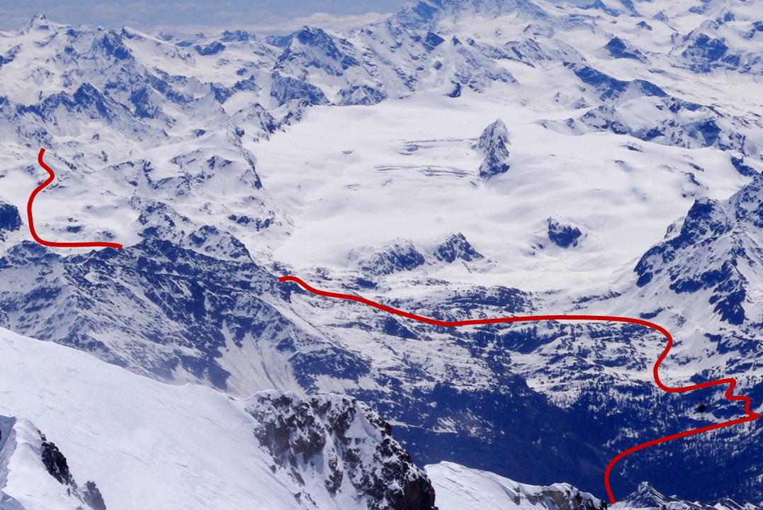 Itinéraire du jour : Reprise de l'itinéraire du jour, sur un cliché du 14/05/2012, depuis le sommet du Mont-Blanc... La Becca était petite vue de la Bosse!!!!