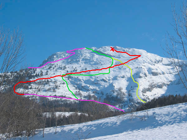 Mon parcours en rouge : Le violet ne passe pas en ski à la monté (trop raide) et le vrai sommet est en fait à droite.