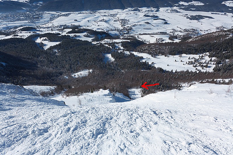 Vue vers le bas : La coulée s'est arrêtée peu après les arbres, tout en bas.