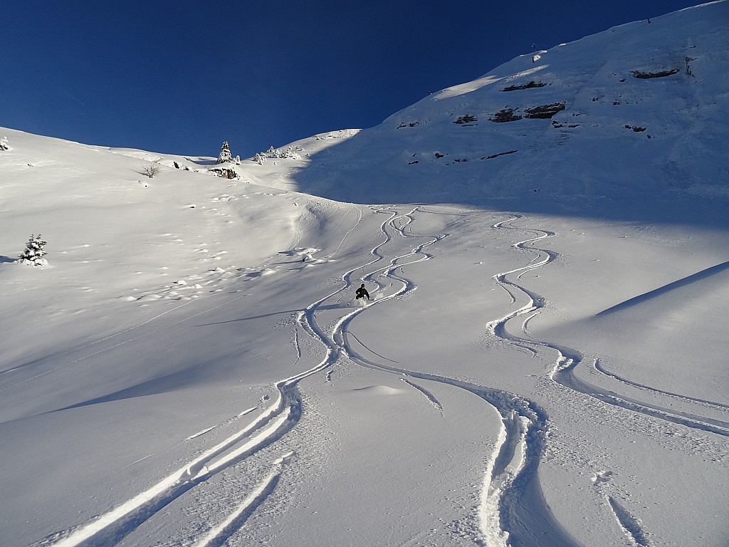 Merdassier : En haut de la pente du milieu.Bonne poudre.