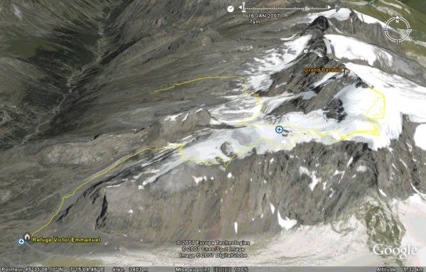 Grand Paradis : Sur Google Earth.
Ne pas tenir compte des Allers-Retours sur la montagne de Nicolo et Stef