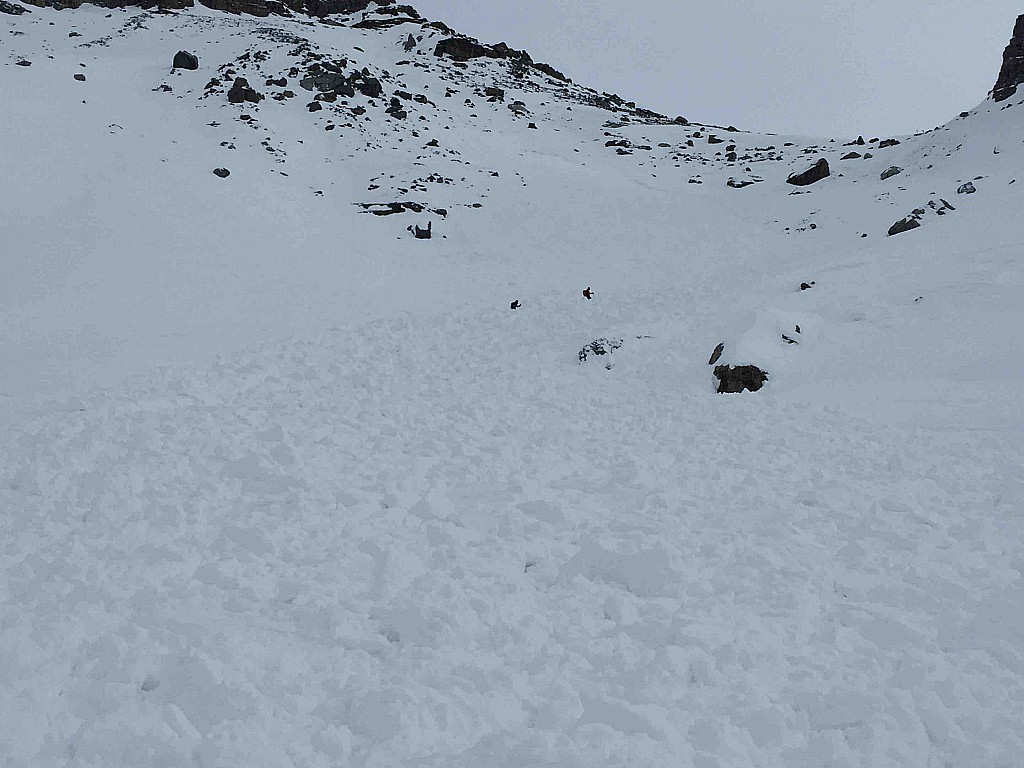 Photo de l'avalanche. On localise le col des Portes en haut à droite et la cassure supérieure de l'avalanche, plus haute, dans l'axe de la pente.